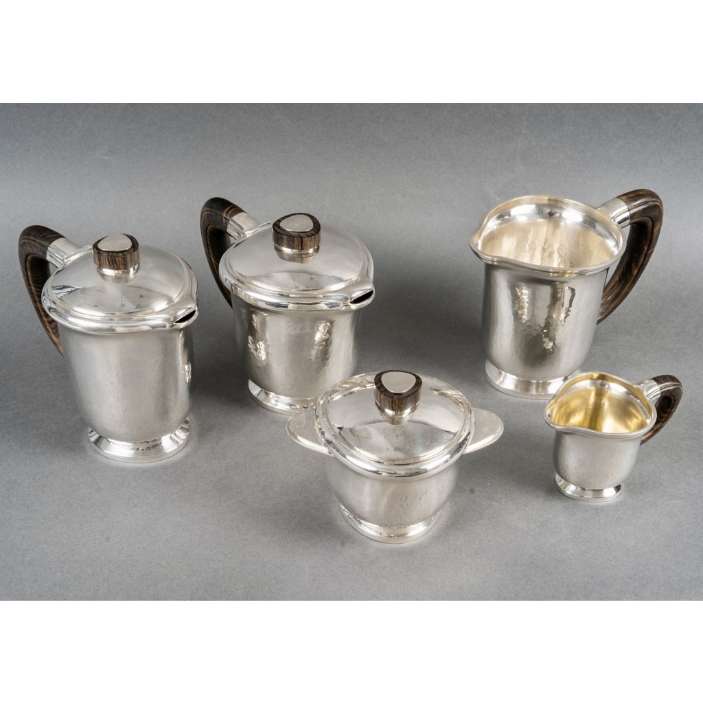 1940 Fouquet Lapar – Service Thé Café Art Déco Argent Massif Martelé & Palissandre 4