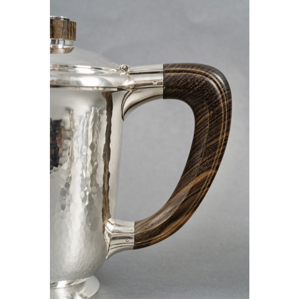 1940 Fouquet Lapar – Service Thé Café Art Déco Argent Massif Martelé & Palissandre 7