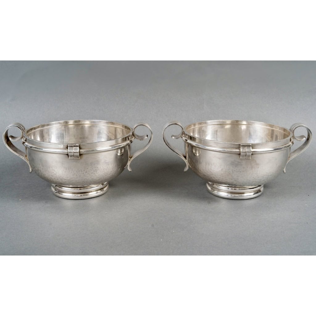 Jean Desprès – Paire de Coupes Art Déco Moderniste Métal Argenté Martelé 4