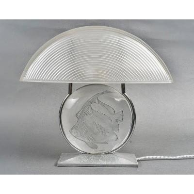 1931 René Lalique – Lampe Art Deco Poissons Verre Blanc Patiné Bleu