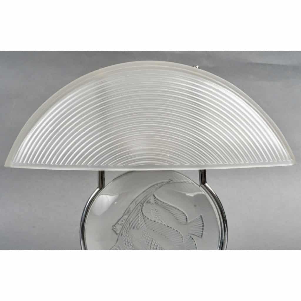 1931 René Lalique – Lampe Art Deco Poissons Verre Blanc Patiné Bleu 6