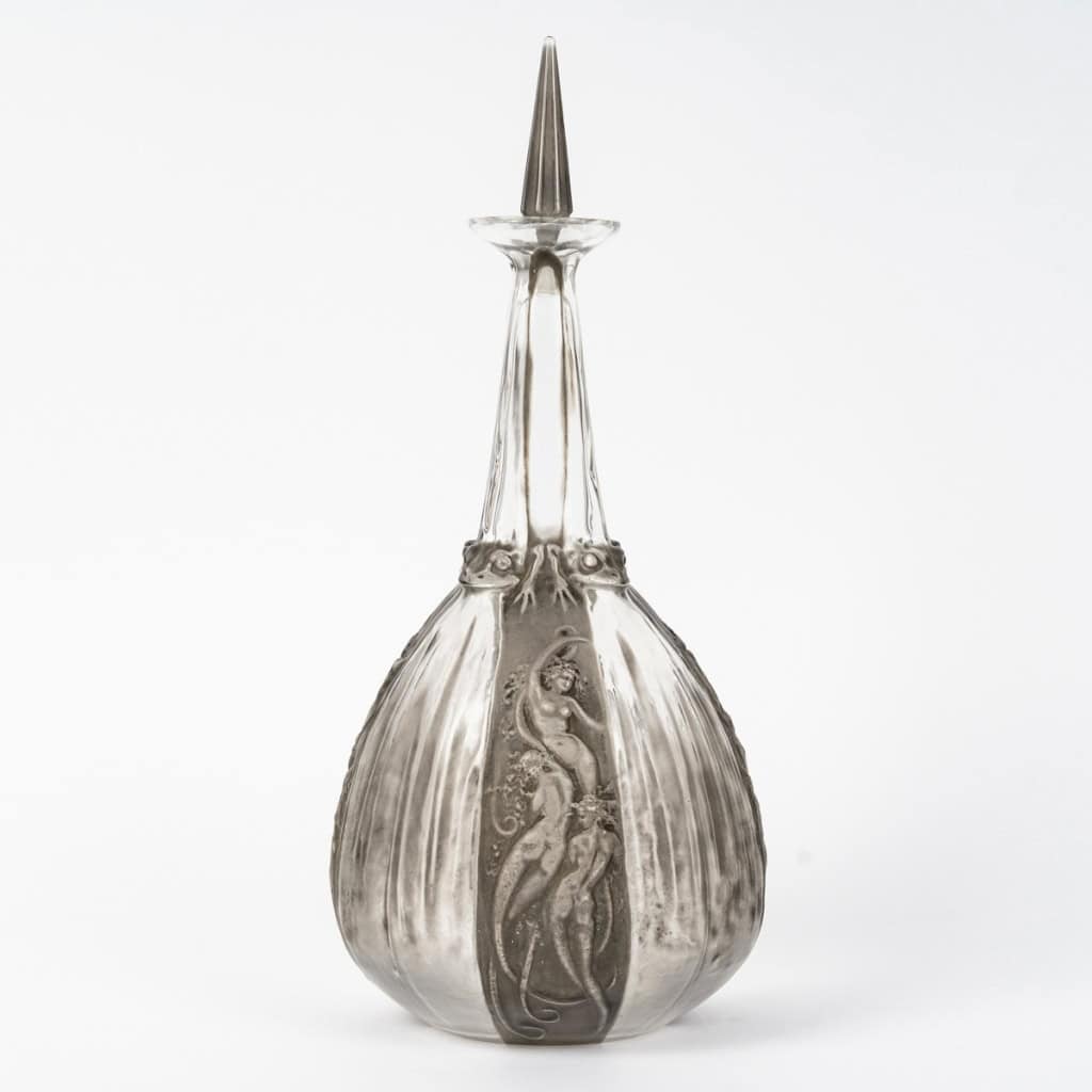1911 René Lalique – Carafe Sirènes et Grenouilles Verre Blanc Patiné Gris 4
