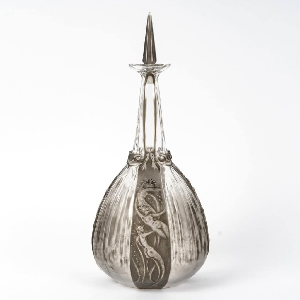 1911 René Lalique – Carafe Sirènes et Grenouilles Verre Blanc Patiné Gris 5