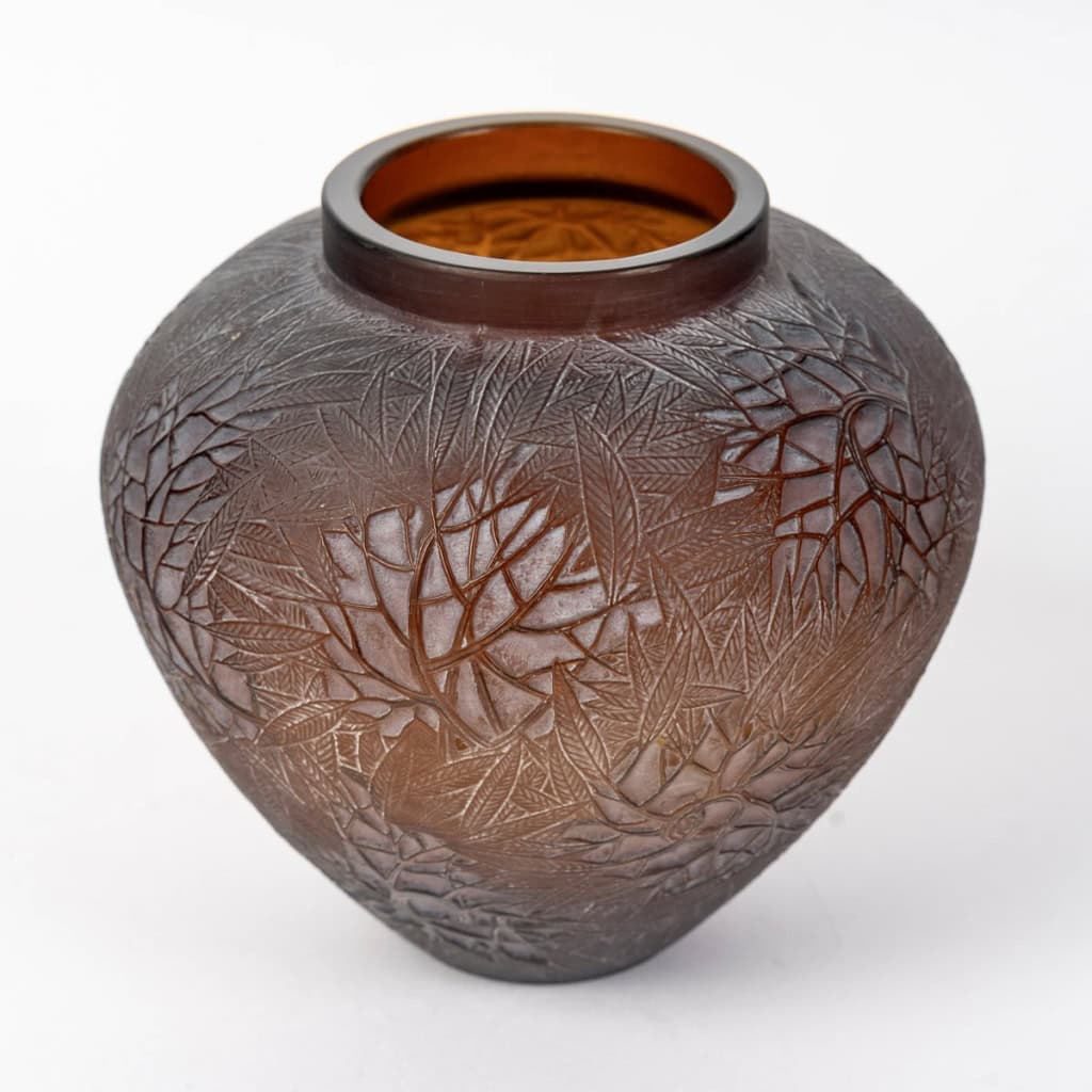 1923 René Lalique – Vase Estérel Verre Rouge Ambre Patiné Blanc 5