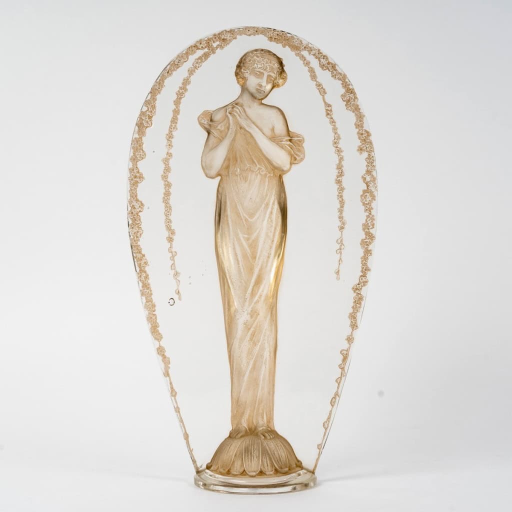 1919 René Lalique – Statuette Grande Ovale Tête Penchée Verre Blanc Patiné Sépia 3