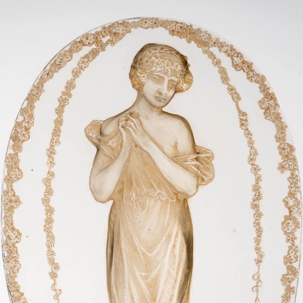 1919 René Lalique – Statuette Grande Ovale Tête Penchée Verre Blanc Patiné Sépia 6
