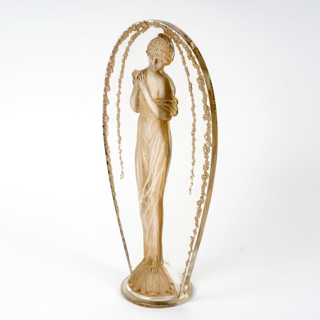 1919 René Lalique – Statuette Grande Ovale Tête Penchée Verre Blanc Patiné Sépia 4