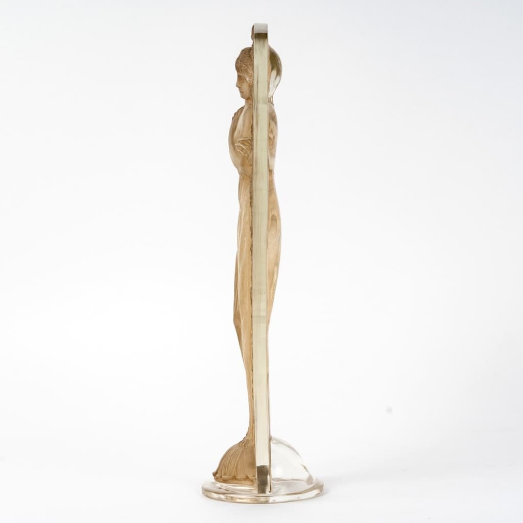 1919 René Lalique – Statuette Grande Ovale Tête Penchée Verre Blanc Patiné Sépia 5