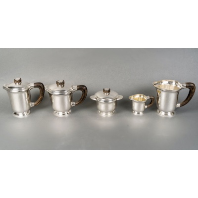 1940 Fouquet Lapar – Service Thé Café Art Déco Argent Massif Martelé & Palissandre
