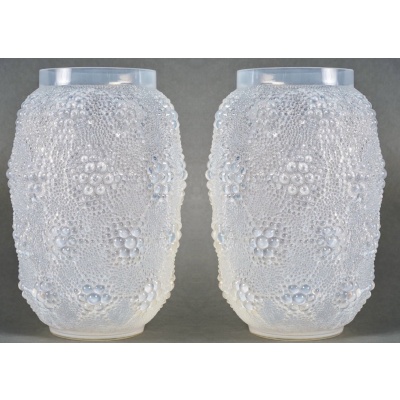 1932 René Lalique – Paire de Vases Art Déco Davos Verre Opalescent