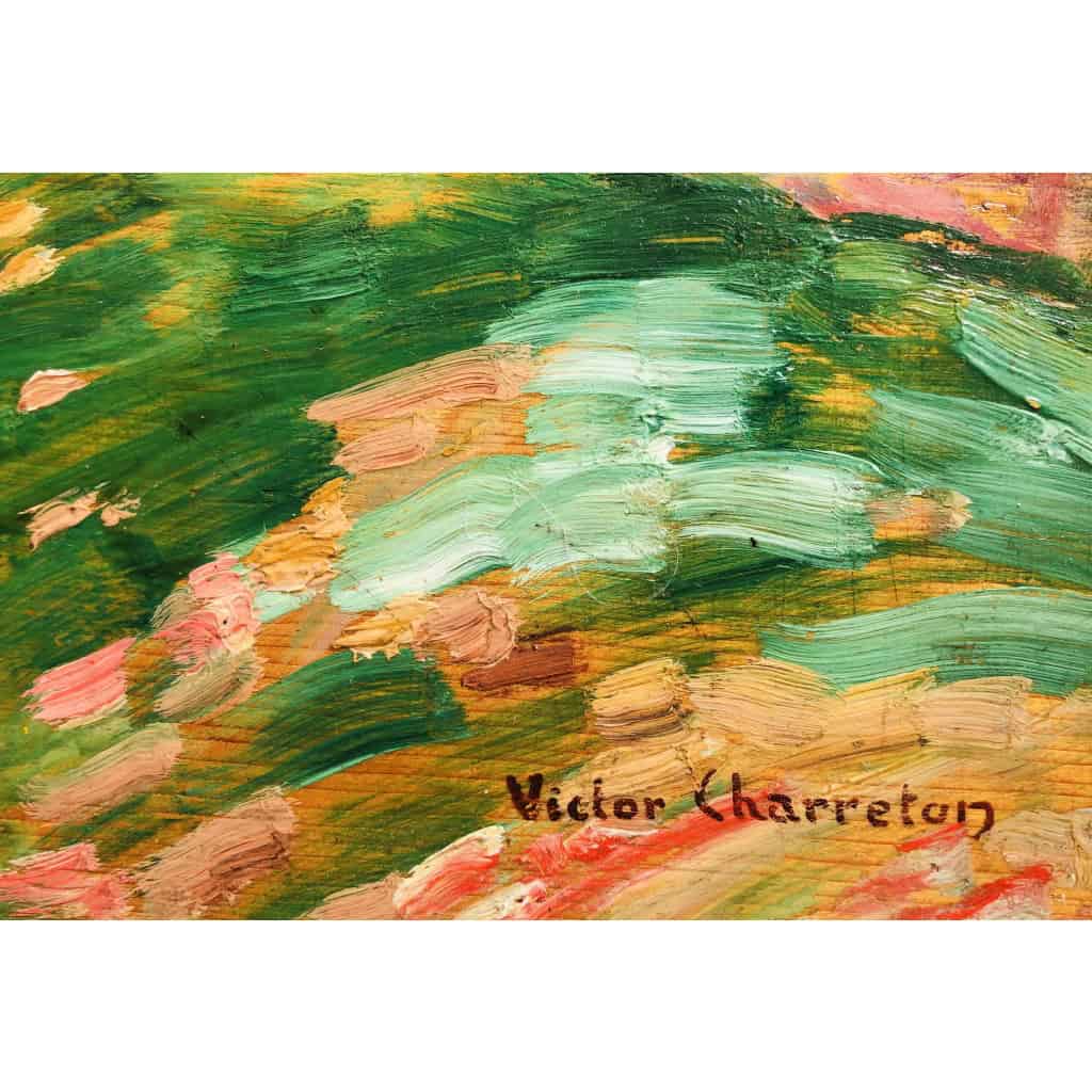 CHARRETON Victor Ecole Française 20è Siècle Paysage ensoleillé Huile sur panneau Signée 9