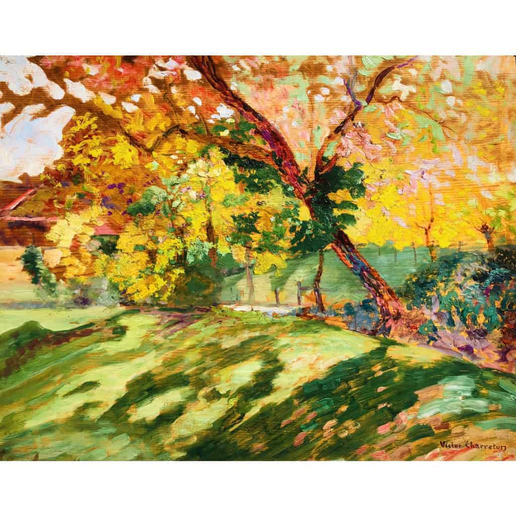 CHARRETON Victor Ecole Française 20è Siècle Paysage ensoleillé Huile sur panneau Signée 6
