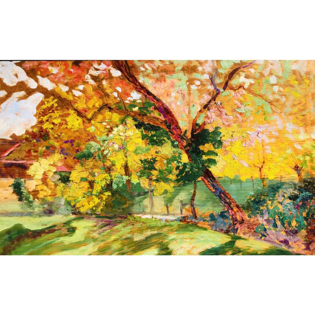 CHARRETON Victor Ecole Française 20è Siècle Paysage ensoleillé Huile sur panneau Signée 7
