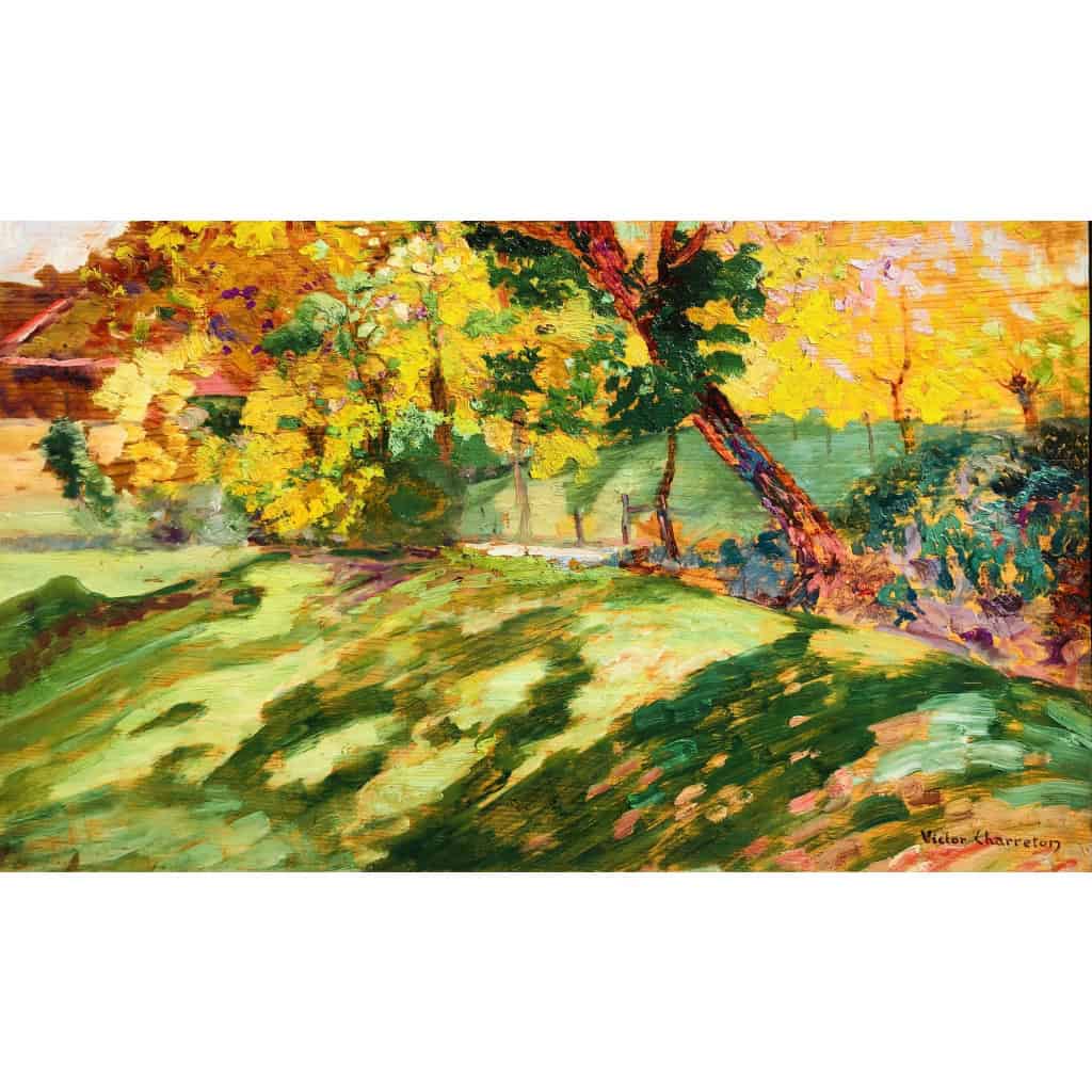 CHARRETON Victor Ecole Française 20è Siècle Paysage ensoleillé Huile sur panneau Signée 8