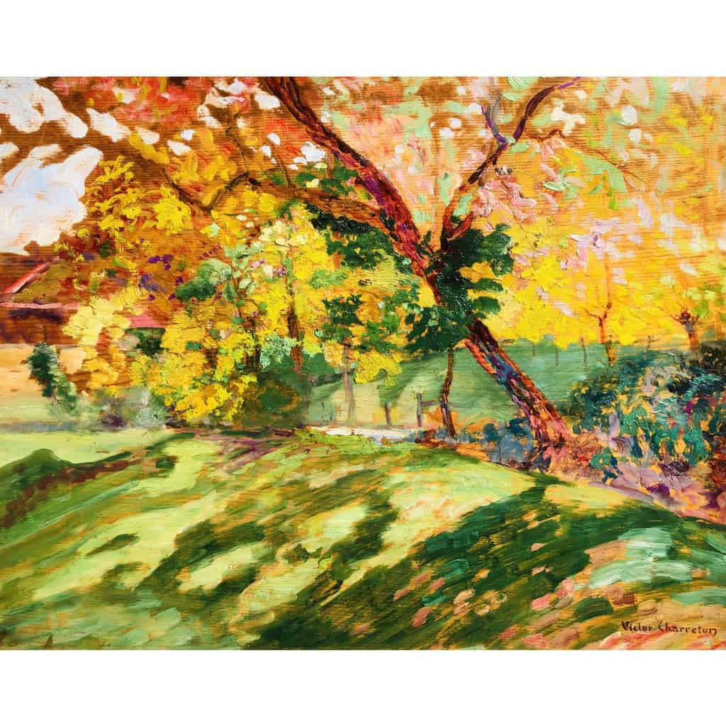 CHARRETON Victor Ecole Française 20è Siècle Paysage ensoleillé Huile sur panneau Signée 11