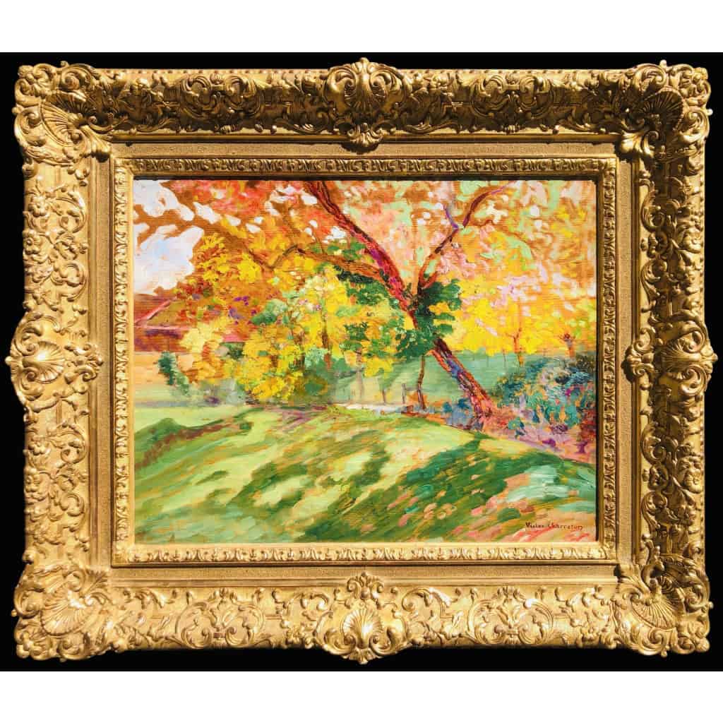 CHARRETON Victor Ecole Française 20è Siècle Paysage ensoleillé Huile sur panneau Signée 14