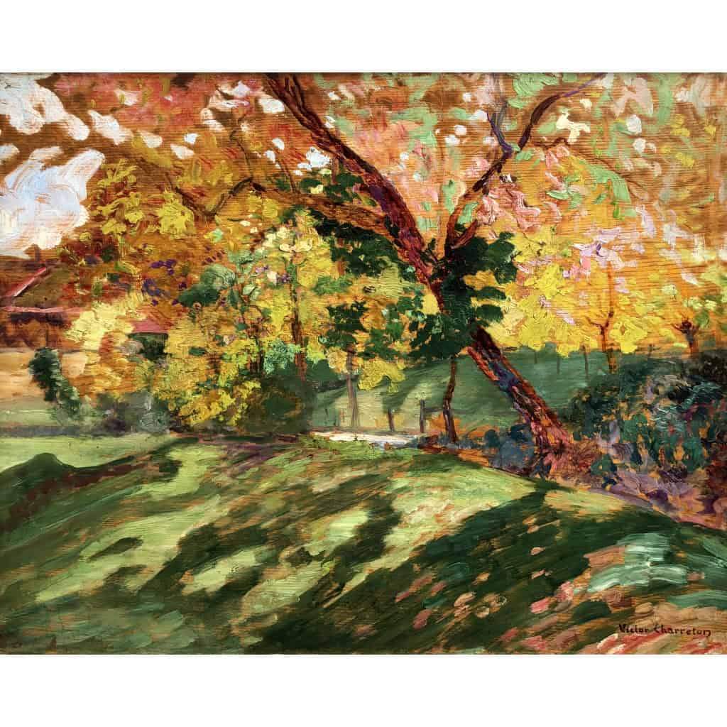 CHARRETON Victor Ecole Française 20è Siècle Paysage ensoleillé Huile sur panneau Signée 13