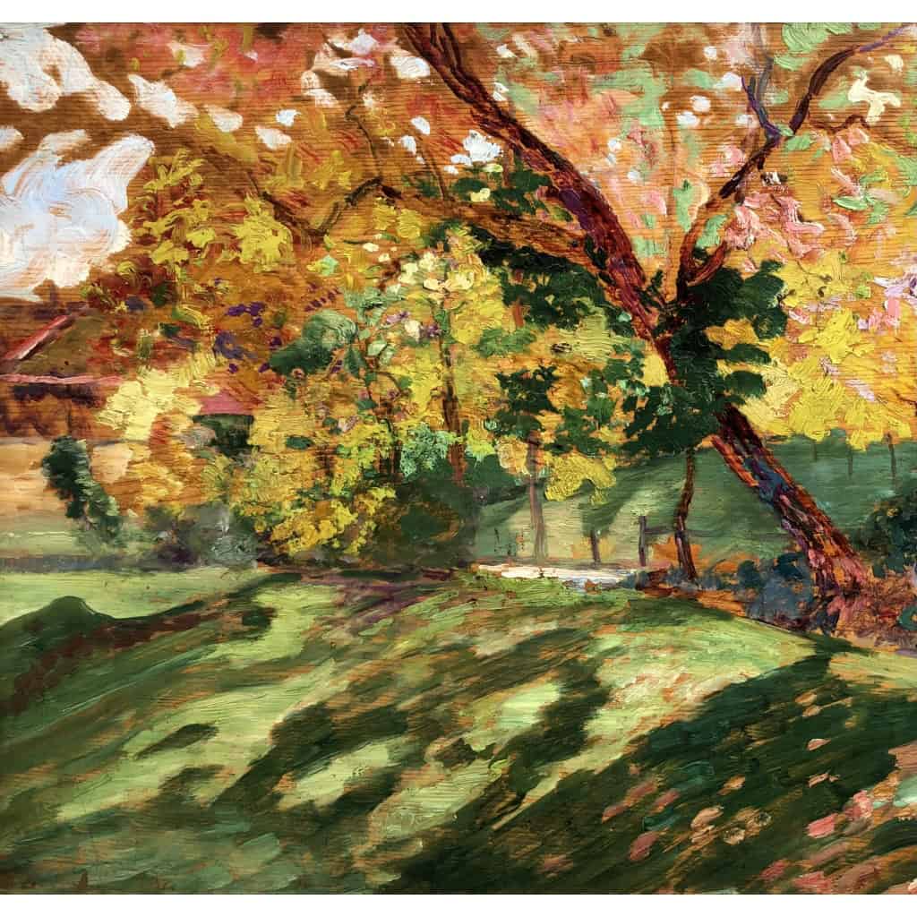 CHARRETON Victor Ecole Française 20è Siècle Paysage ensoleillé Huile sur panneau Signée 9