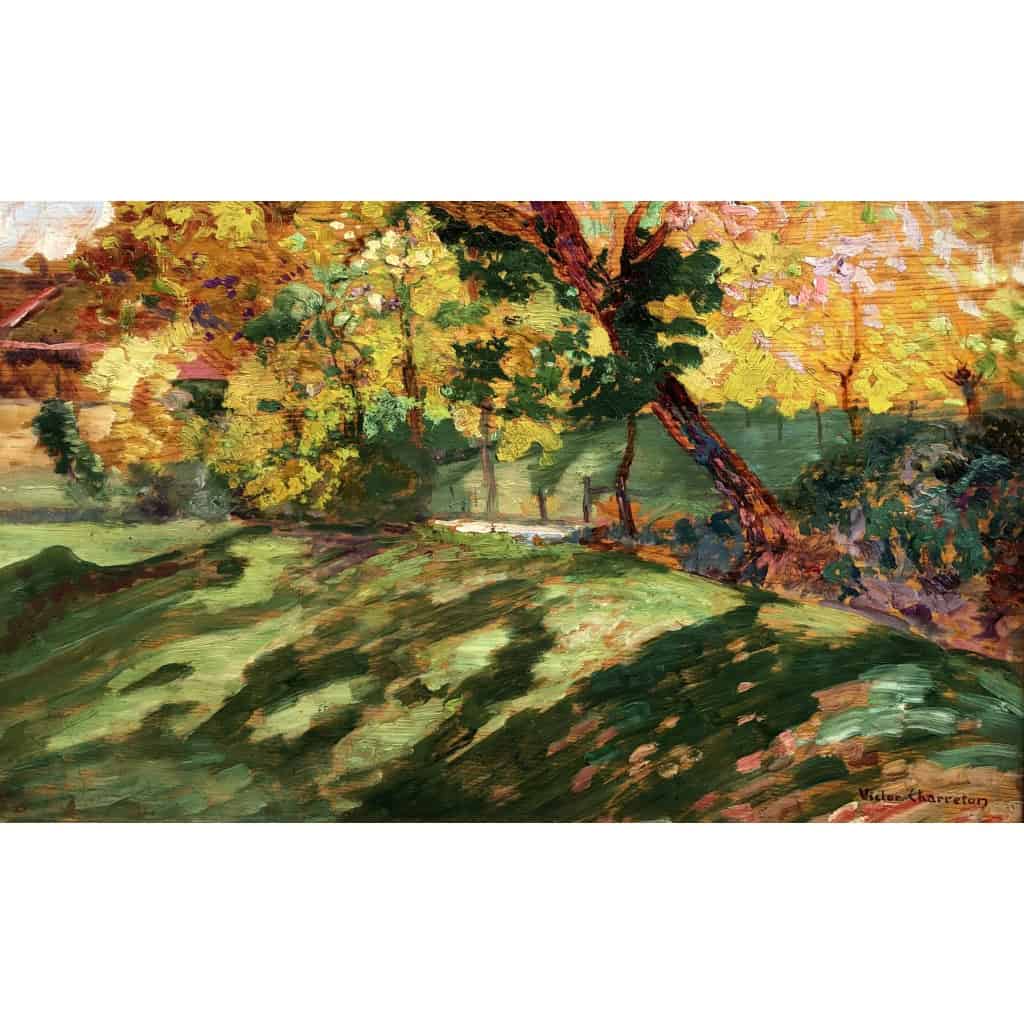 CHARRETON Victor Ecole Française 20è Siècle Paysage ensoleillé Huile sur panneau Signée 10