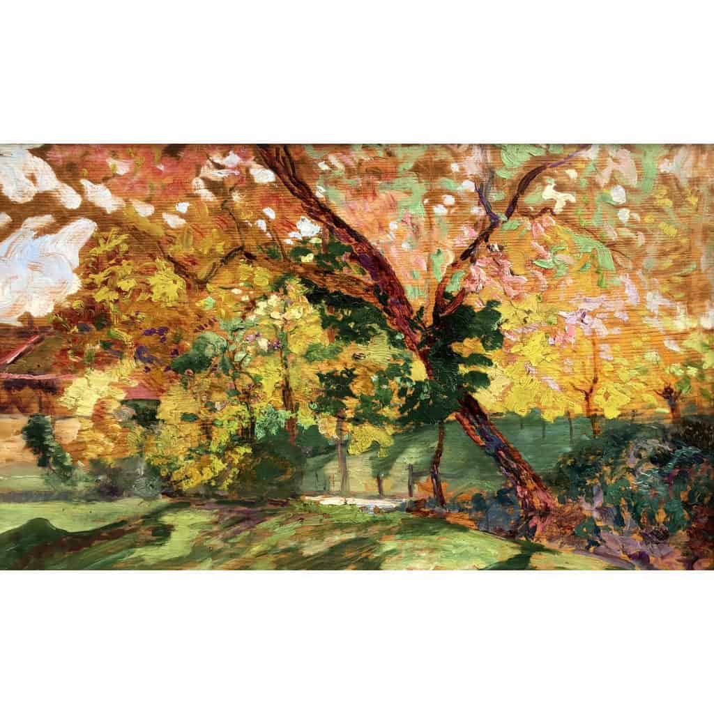 CHARRETON Victor Ecole Française 20è Siècle Paysage ensoleillé Huile sur panneau Signée 15