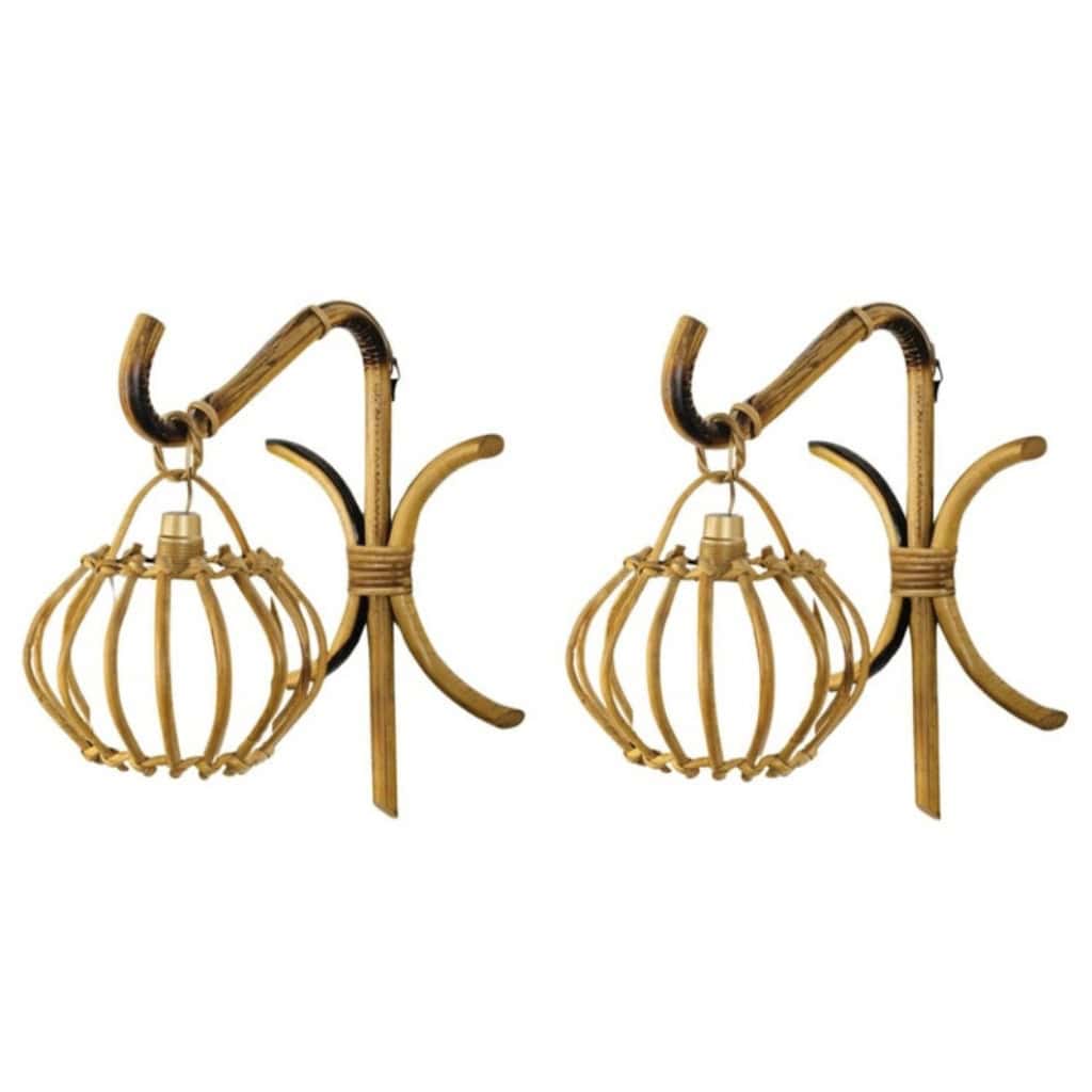 Paire d’appliques « Lantern » en rotin des années 1960 Louis Sognot 3