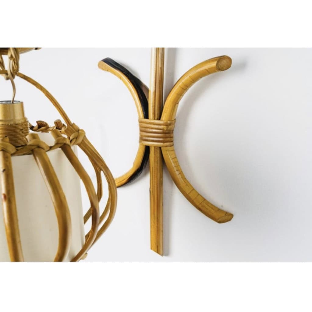 Paire d’appliques « Lantern » en rotin des années 1960 Louis Sognot 6