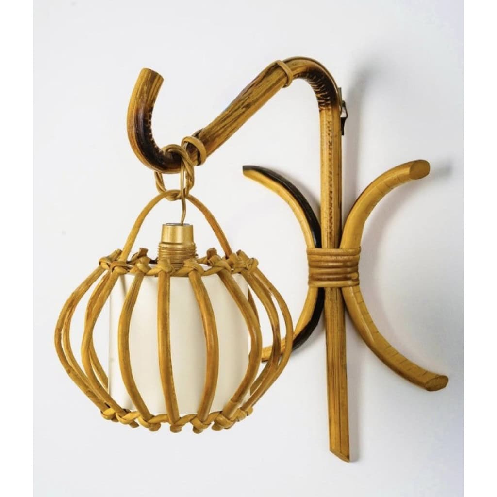 Paire d’appliques « Lantern » en rotin des années 1960 Louis Sognot 4