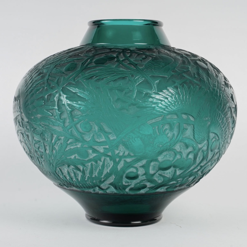 1924 René Lalique – Vase Aras Verre Vert Canard Patiné Blanc 5