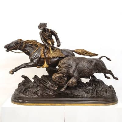 Groupe En Bronze « Chasse Au Bison » , Isidore Jules Bonheur (1827-1901) , Peyrol Edt – Bronze