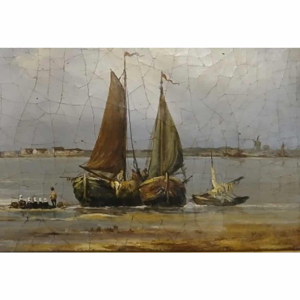 Tableau. Marine. H/T  » retour de pêche  » fin XIX ème siècle 6