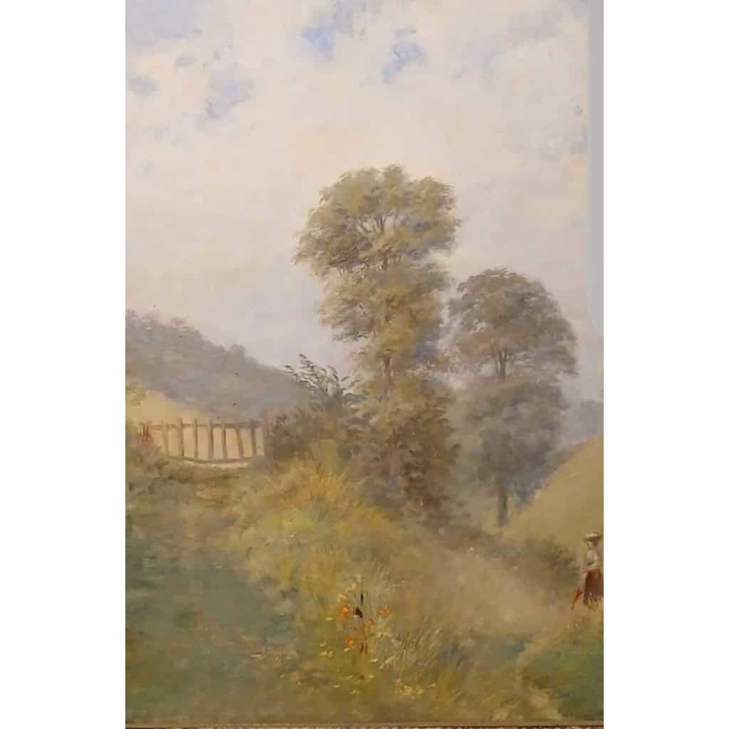 Tableau signé, huile sur toile, école de Barbizon  » femme à l’ombrelle » 6