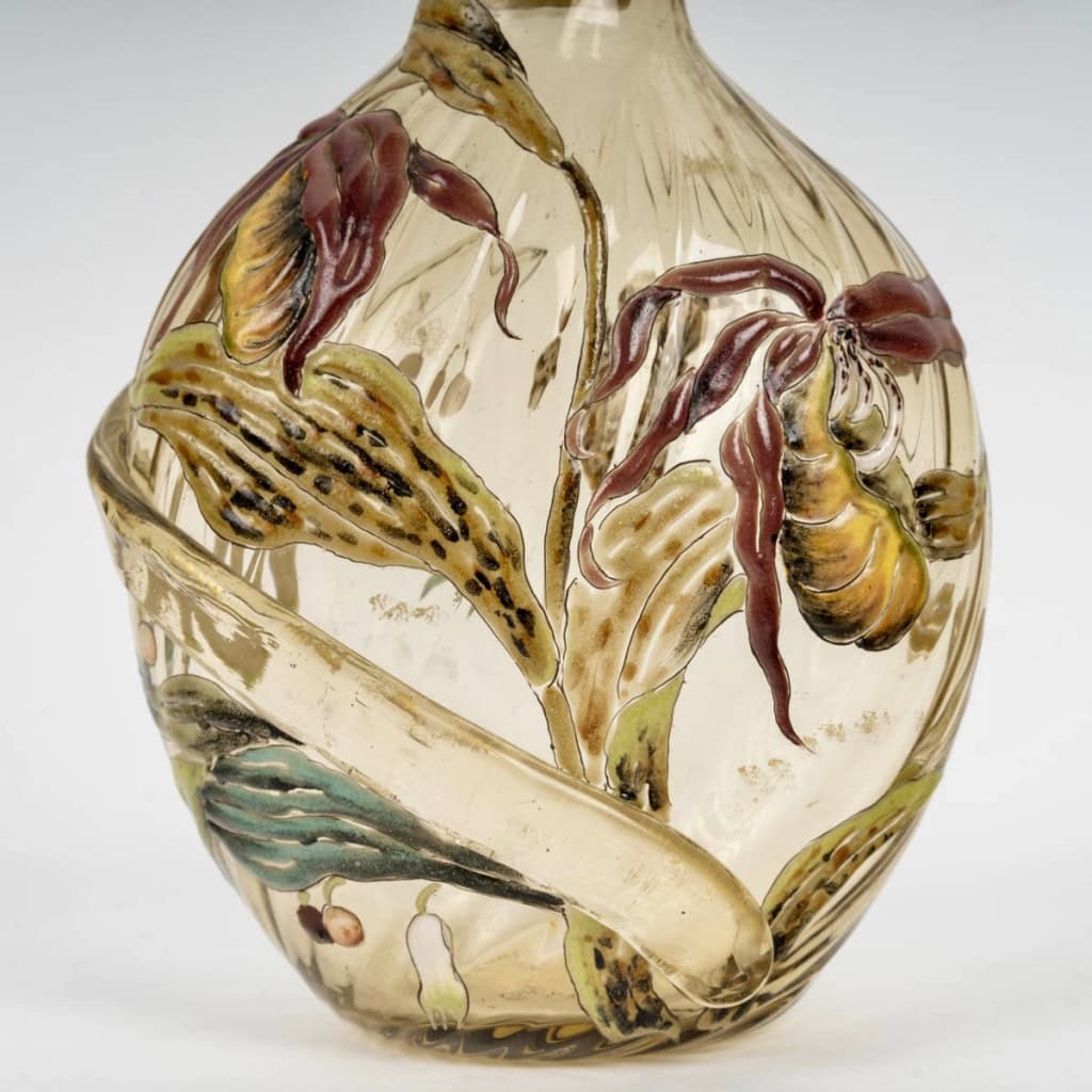 1890 Cristallerie Emile Gallé – Flacon Carafe Verre Jaune Emaillé Fleurs Papillon 8