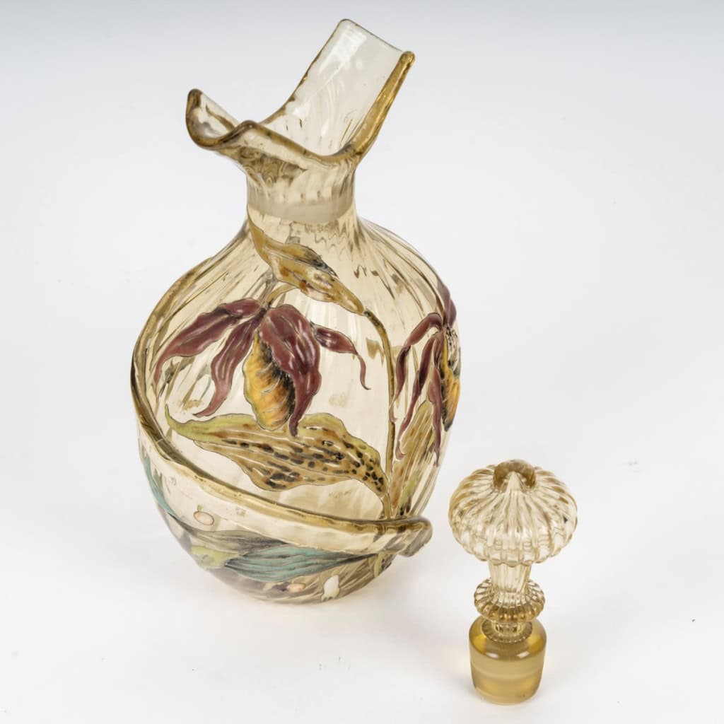 1890 Cristallerie Emile Gallé – Flacon Carafe Verre Jaune Emaillé Fleurs Papillon 7