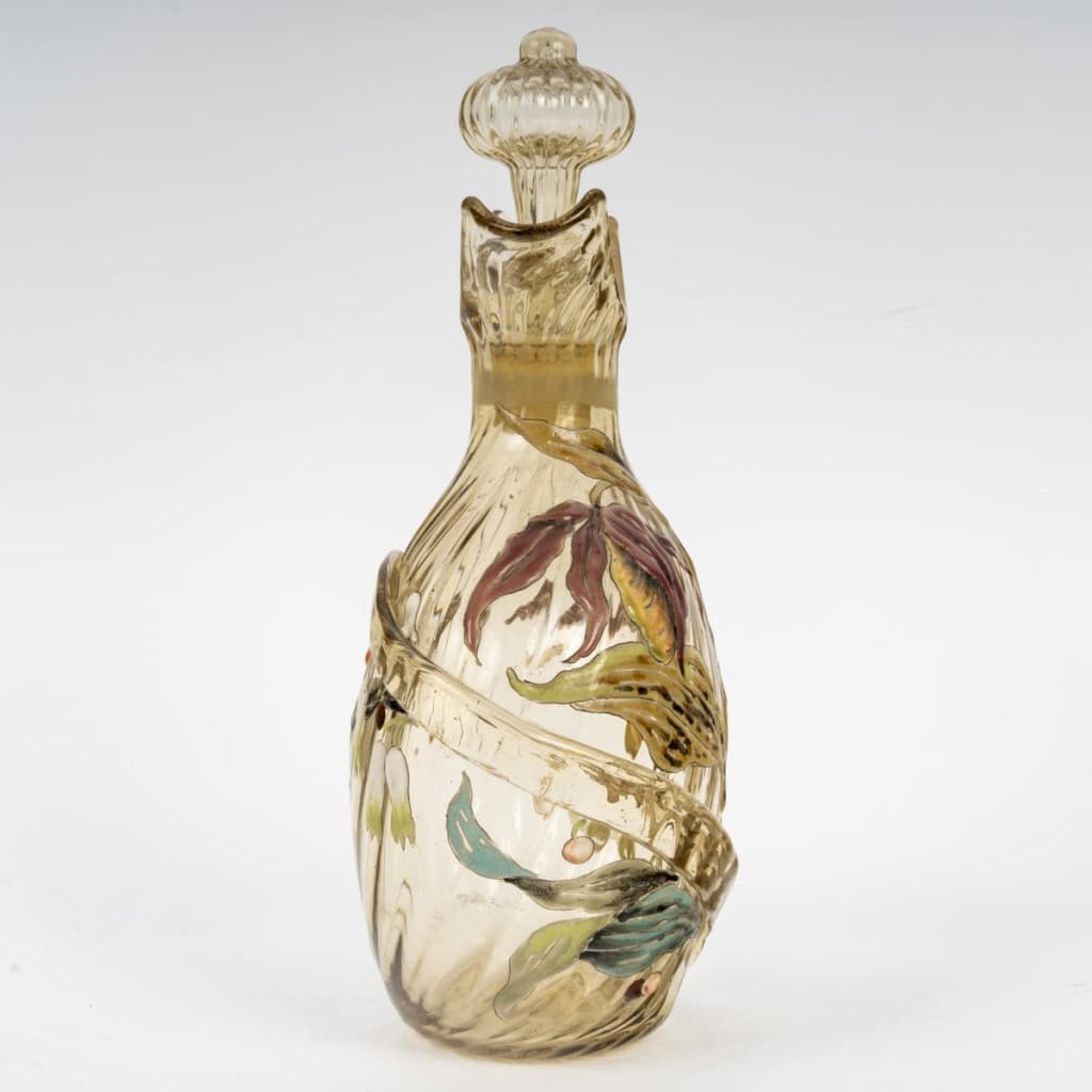 1890 Cristallerie Emile Gallé – Flacon Carafe Verre Jaune Emaillé Fleurs Papillon 5