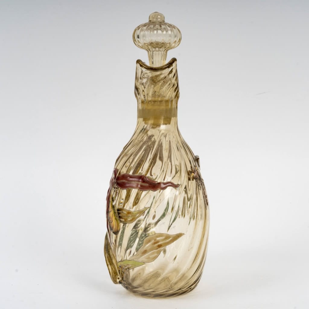 1890 Cristallerie Emile Gallé – Flacon Carafe Verre Jaune Emaillé Fleurs Papillon 6