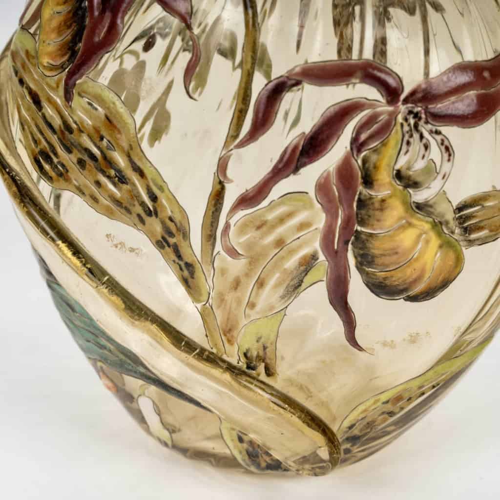 1890 Cristallerie Emile Gallé – Flacon Carafe Verre Jaune Emaillé Fleurs Papillon 10