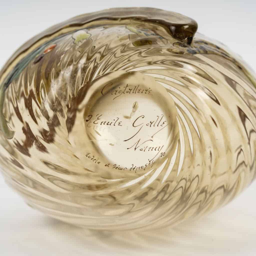 1890 Cristallerie Emile Gallé – Flacon Carafe Verre Jaune Emaillé Fleurs Papillon 13