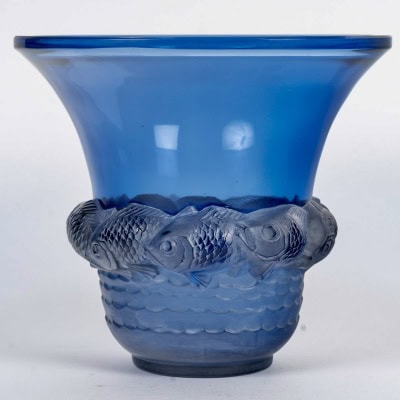 1930 René Lalique – Vase Piriac Verre Bleu Saphir Patiné Blanc