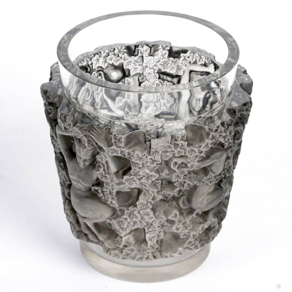 1938 René Lalique – Vase Bacchus Verre Blanc Patiné Gris 7