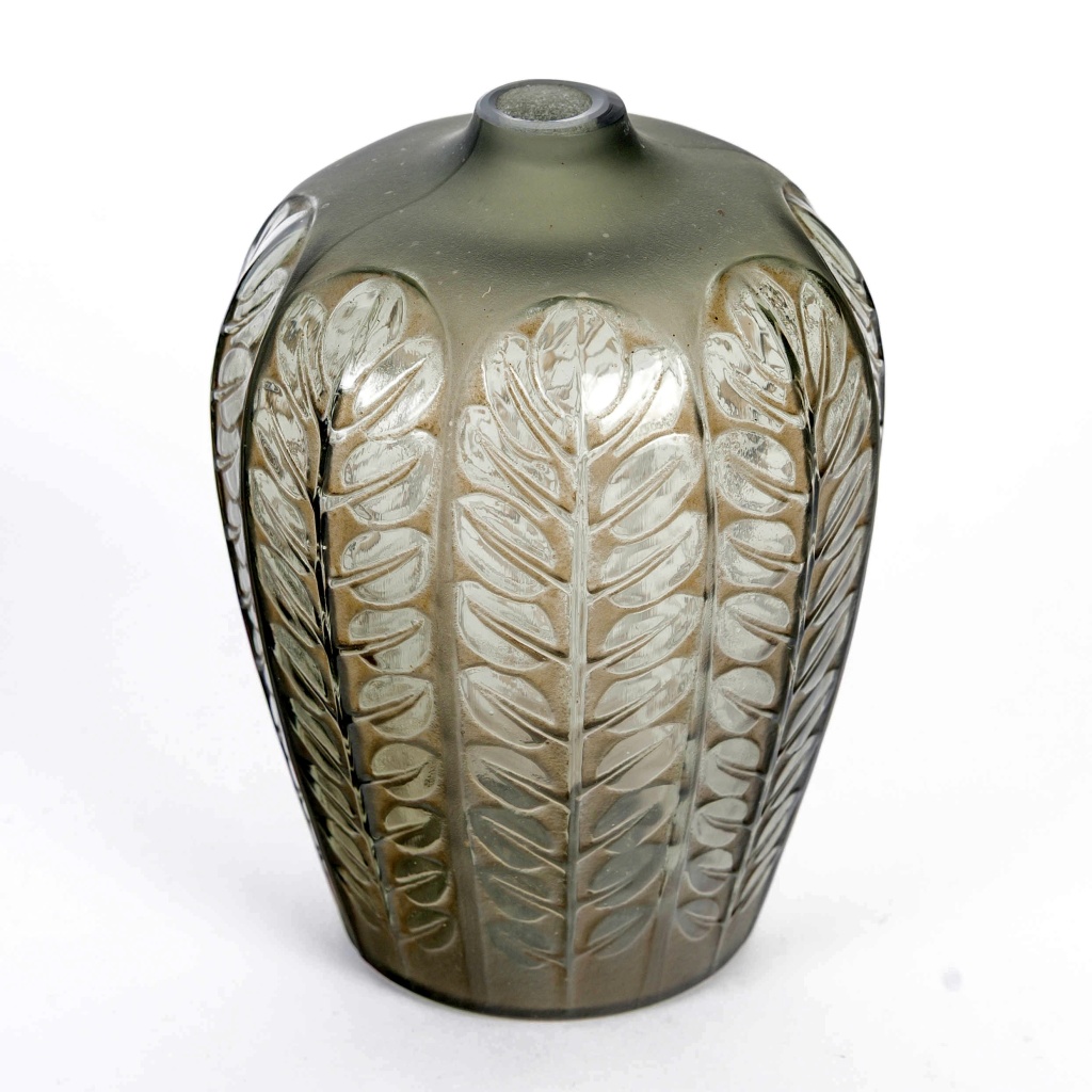 1924 René Lalique – Vase Tournai Verre Gris Fumé Patiné Sépia 5