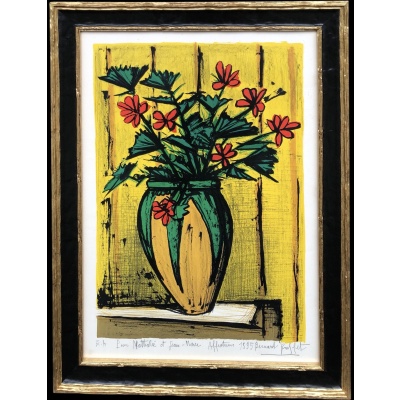 BUFFET Bernard Bouquet Fleurs Dans Une Potiche Lithographie Couleurs Signée certificat d’authenticité 3