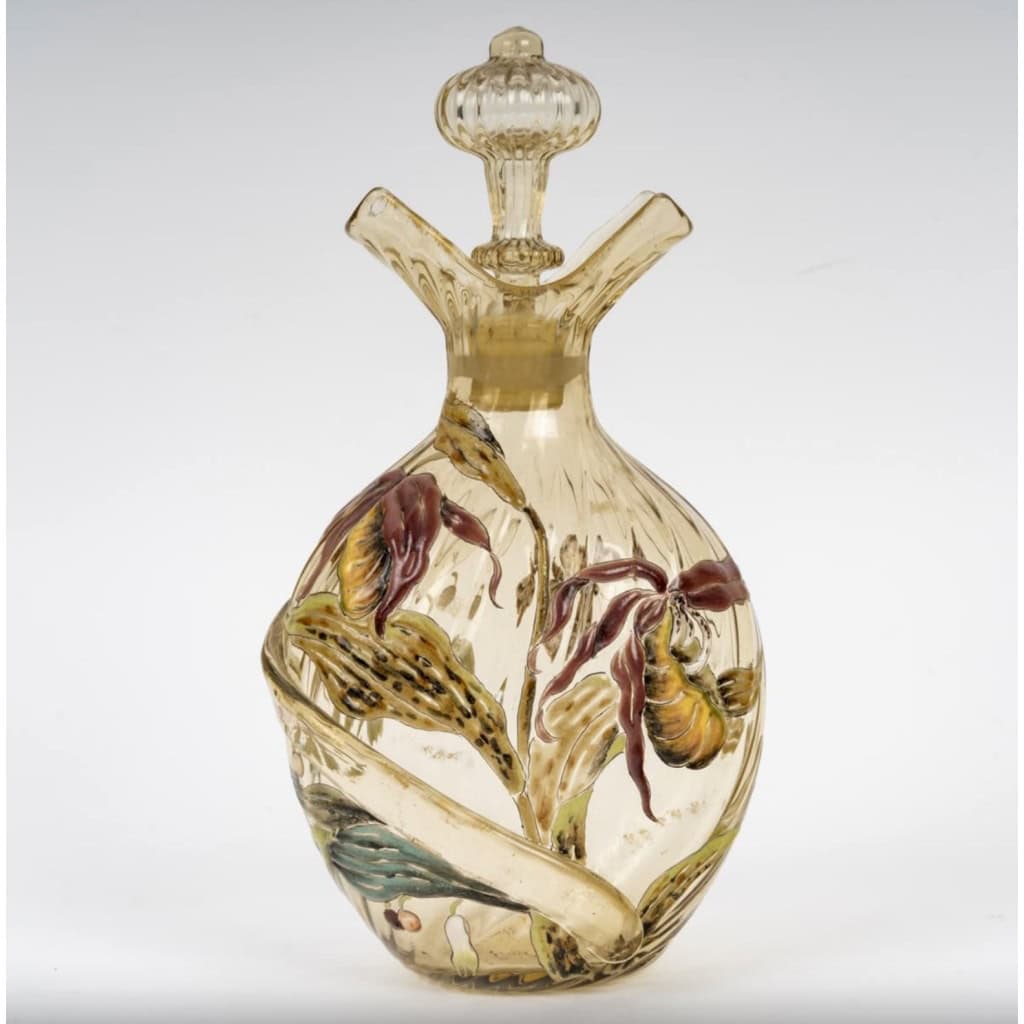 1890 Cristallerie Emile Gallé – Flacon Carafe Verre Jaune Emaillé Fleurs Papillon 3
