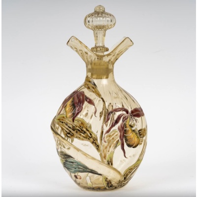 1890 Cristallerie Emile Gallé – Flacon Carafe Verre Jaune Emaillé Fleurs Papillon 3