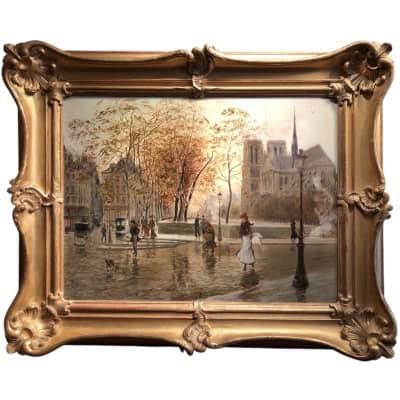 STEIN Georges Paris Animation à Notre Dame depuis les quais Huile Sur Toile Signée Certificat d’authenticité