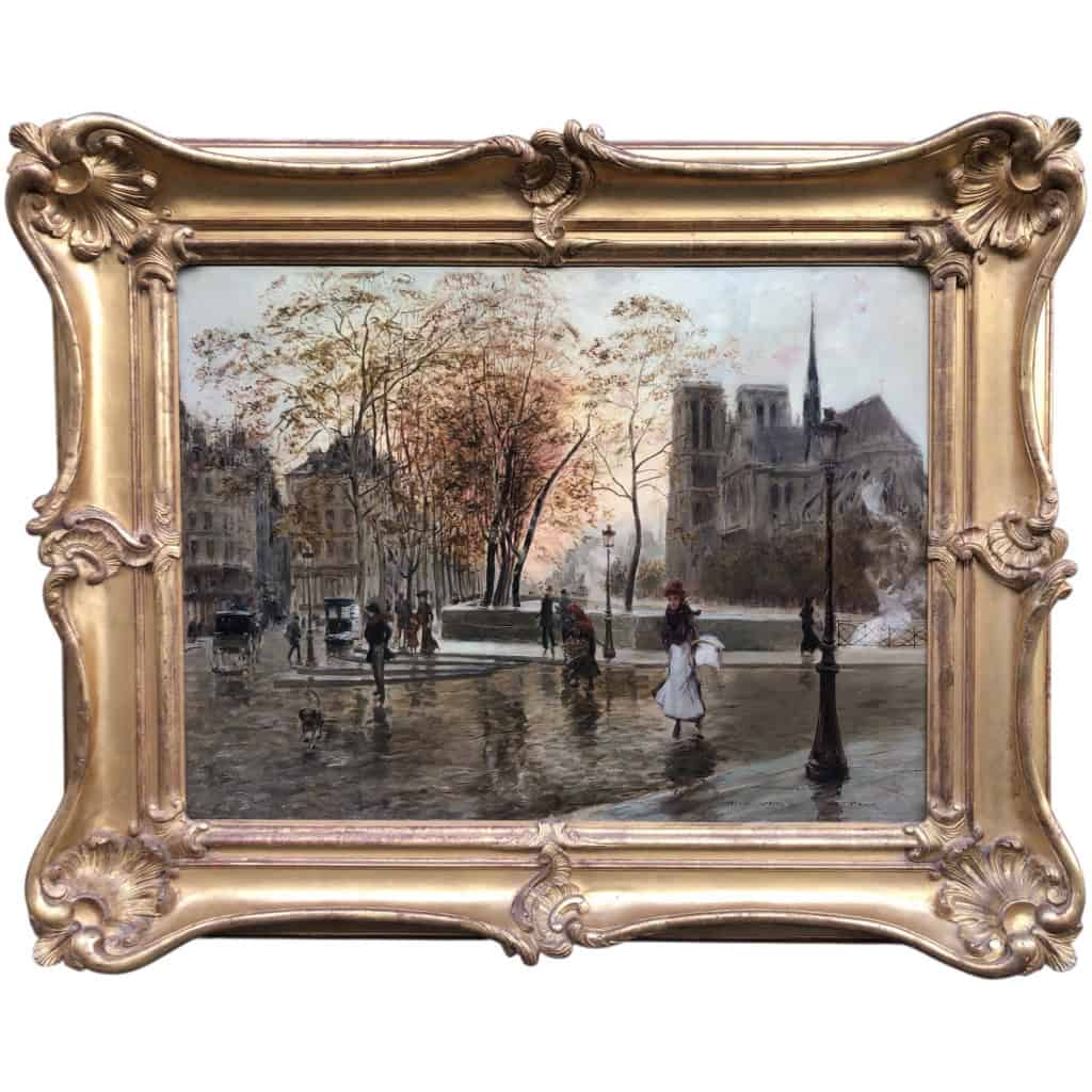 STEIN Georges Paris Animation à Notre Dame depuis les quais Huile Sur Toile Signée Certificat d’authenticité 11
