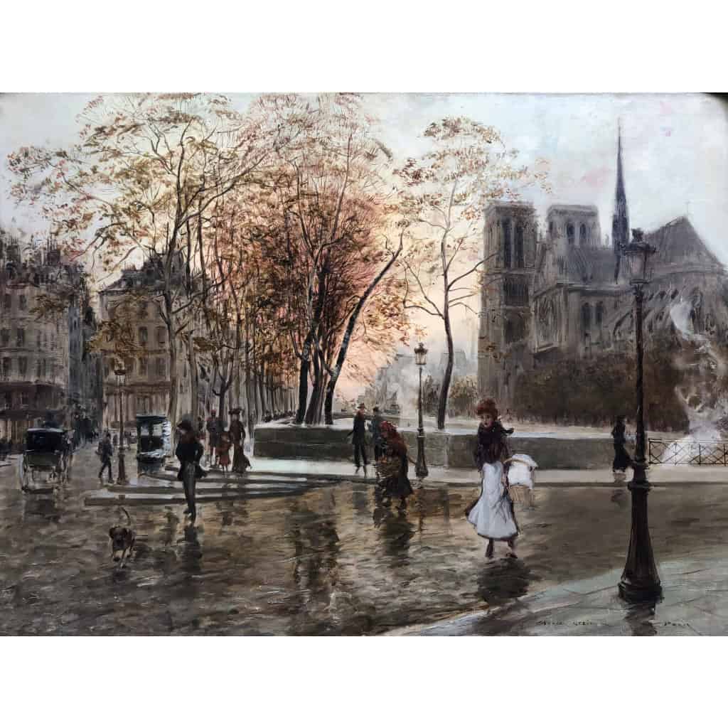 STEIN Georges Paris Animation à Notre Dame depuis les quais Huile Sur Toile Signée Certificat d’authenticité 4