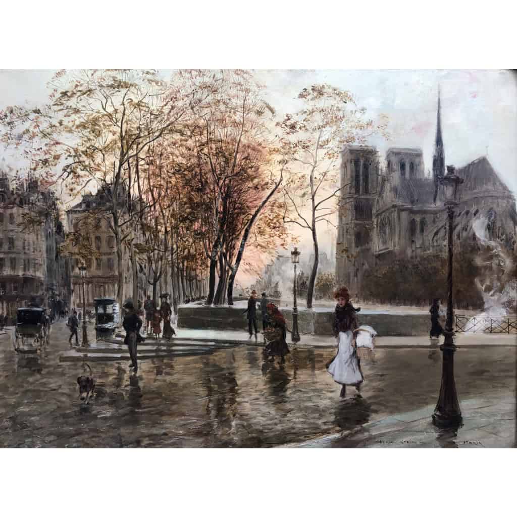 STEIN Georges Paris Animation à Notre Dame depuis les quais Huile Sur Toile Signée Certificat d’authenticité 13