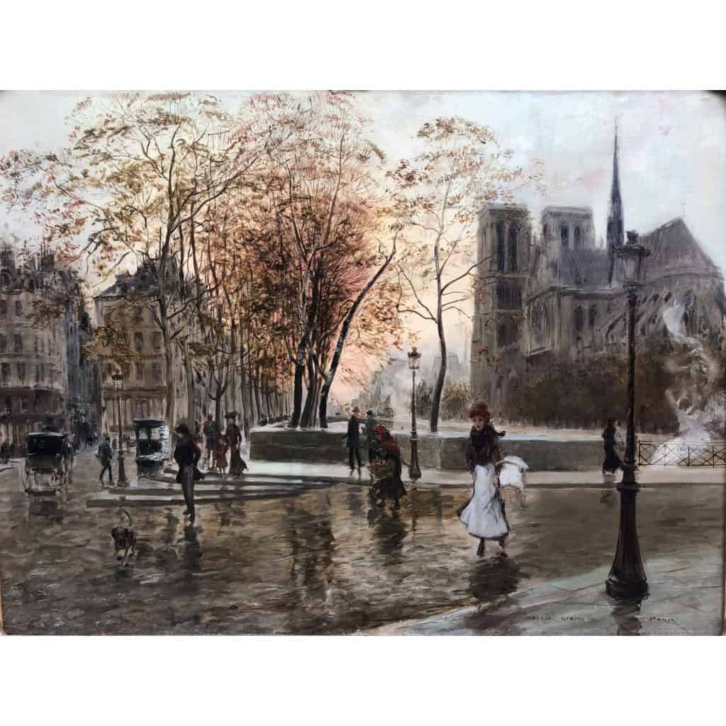 STEIN Georges Paris Animation à Notre Dame depuis les quais Huile Sur Toile Signée Certificat d’authenticité 14
