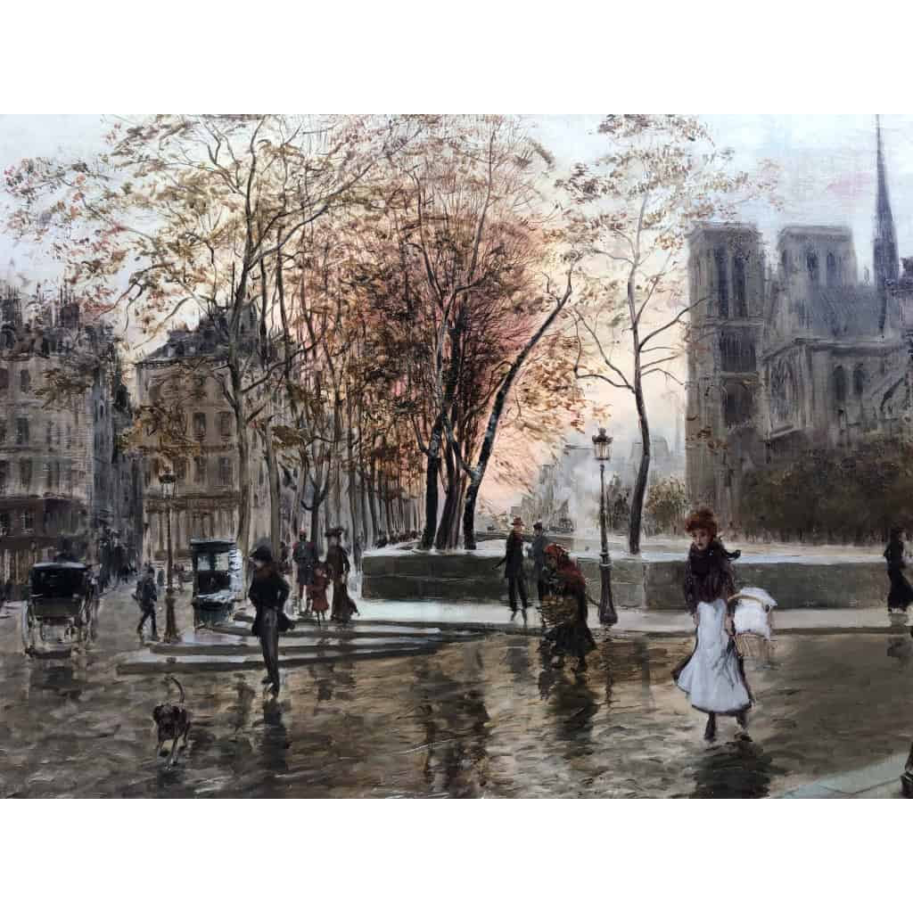 STEIN Georges Paris Animation à Notre Dame depuis les quais Huile Sur Toile Signée Certificat d’authenticité 10