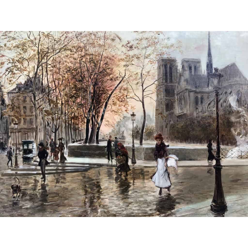 STEIN Georges Paris Animation à Notre Dame depuis les quais Huile Sur Toile Signée Certificat d’authenticité 5